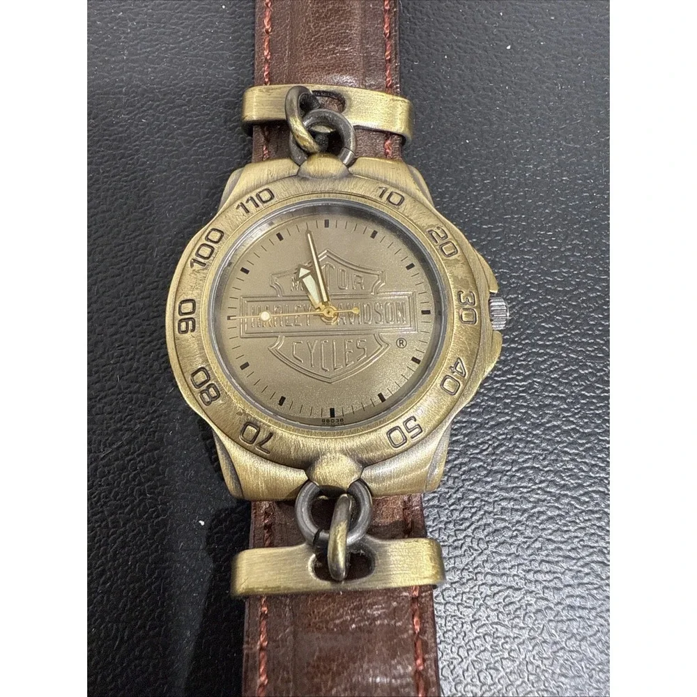 Bulova Harley-Davidson Quartz Wristwatch Gold Tone Brown Leather Band‎